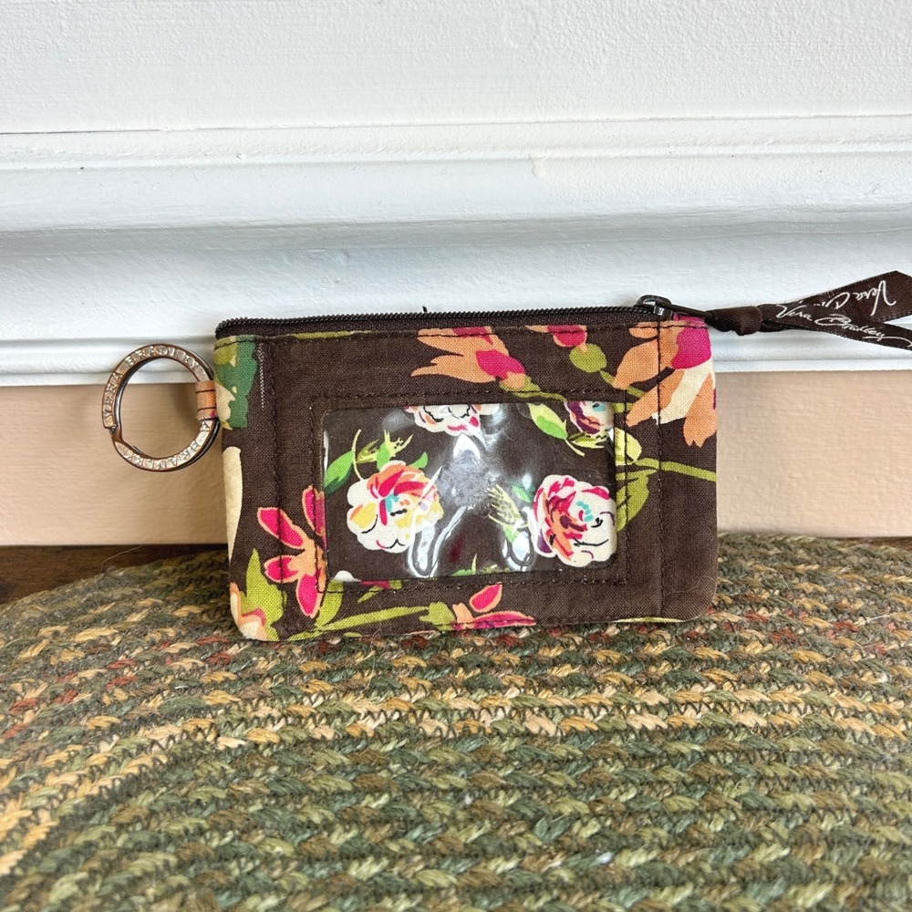 Vera Bradley English Rose Zip ID Case Floral Brown Pink Quilted Keychain Wallet